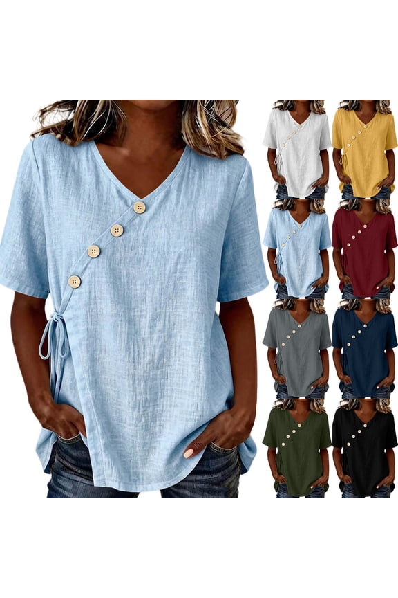 Women's Linen Blend Blouse V Neck Short Sleeve Button Detail Casual Tunic Top with Side Drawstring