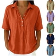 thumbnail image 1 of Betivan Women's Linen Blend Henley Shirt Casual Short Sleeve Tops Collared V Neck Half Button Down Blouse for Summer Daily Commuting, 1 of 7