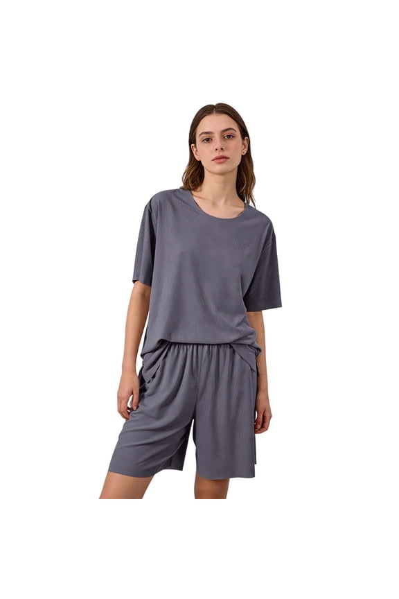 Women's Pajama Set, Spring Summer 3/4 Sleeve Solid Color Breathable Loose Sleepwear, Crew Neck Loungewear