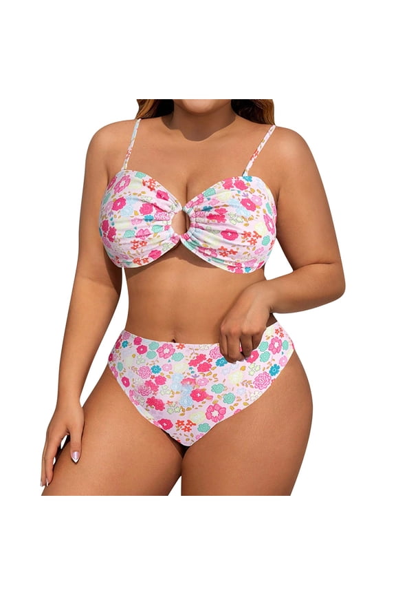 Women's Plus Size Floral Cutout Strapless Bikini Two Piece Swimsuit Quick Dry Comtable Push Up Padding Summer Beach Pool Vacation Getaway