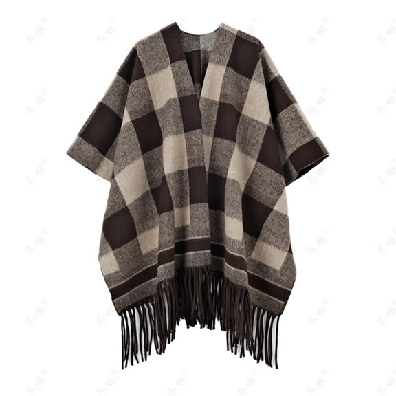 Betivan Women's Plus Size Shawl Cape Fall Winter Faux Mink Thick Plaid Knitted With Sleeves Tassel Design Versatile Qipao Matching Casual Daily Wear Scarf