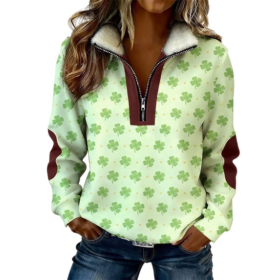 Betivan Women's St. Patrick's Day Print Colorblock Half Zip Long Sleeve Lapel Sweatshirt Coat Fashion Casual Outwear Tops for Ladies Party Parade Holiday Vacation