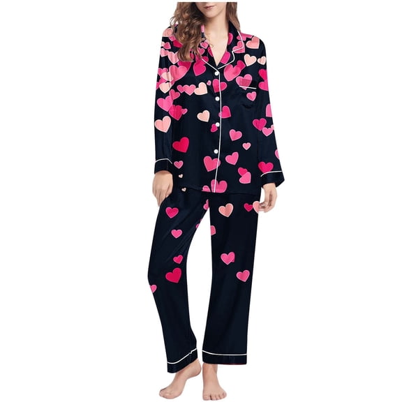 Betivan Women's Valentine's Day Pajama Set, Heart Printed Long Sleeve Lapel Top & Pants, Casual Fashion Homewear