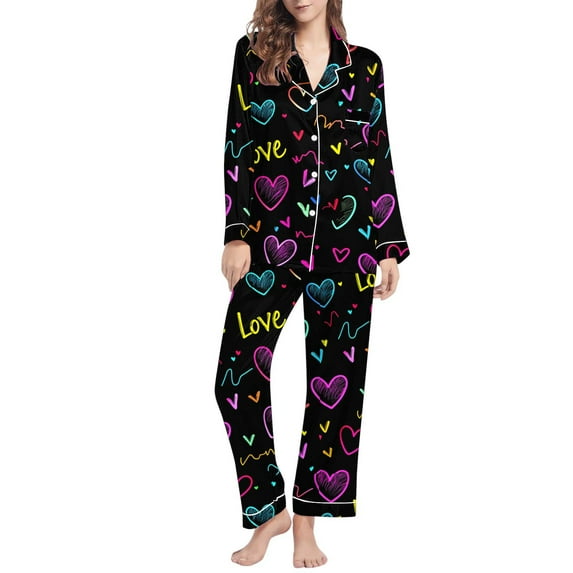 Betivan Women's Valentine's Day Pajama Set, Heart Printed Long Sleeve Lapel Top & Pants, Casual Fashion Homewear