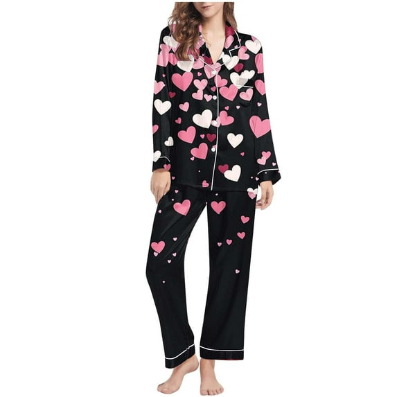 Betivan Women's Valentine's Day Pajama Set, Heart Printed Long Sleeve Lapel Top & Pants, Casual Fashion Homewear