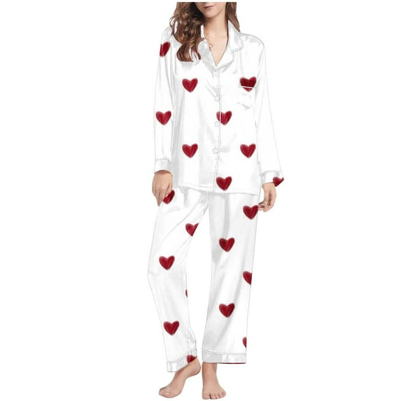 Betivan Women's Valentine's Day Pajama Set, Heart Printed Long Sleeve Lapel Top & Pants, Casual Fashion Homewear