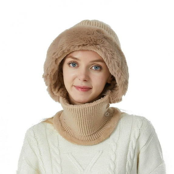 Betivan Women's Winter Color-Block Knitted Balaclava Hat with Scarf, Warm Ear & Neck Protection Hat with Pom Pom, Windproof Cold Weather Cap for Ladies Outdoor