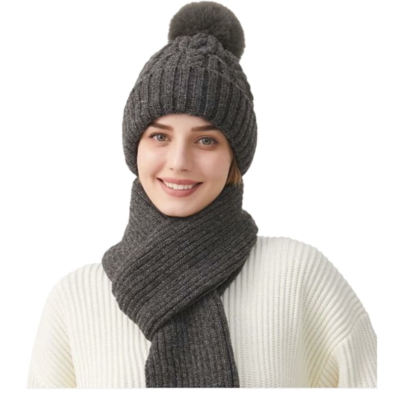 Betivan Women's Winter Knit Hat Scarf Set, Thickened Warm Ear Protection Attached Scarf, Cozy Two-in-One Headwear for Cold Weather, Outdoor