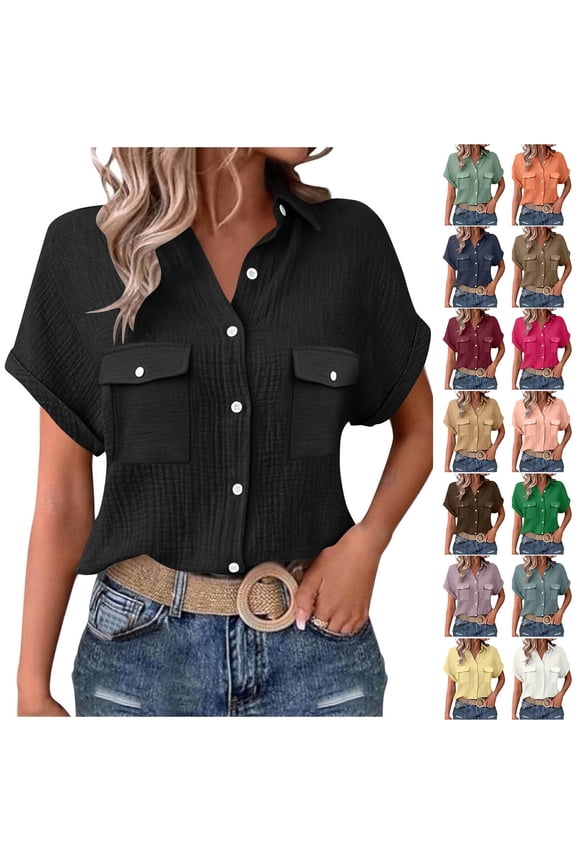 Womens Casual Button Down Shirts V Neck Long Sleeve Cotton Loose Fit Work Blouse Cotton Tops with Pocket