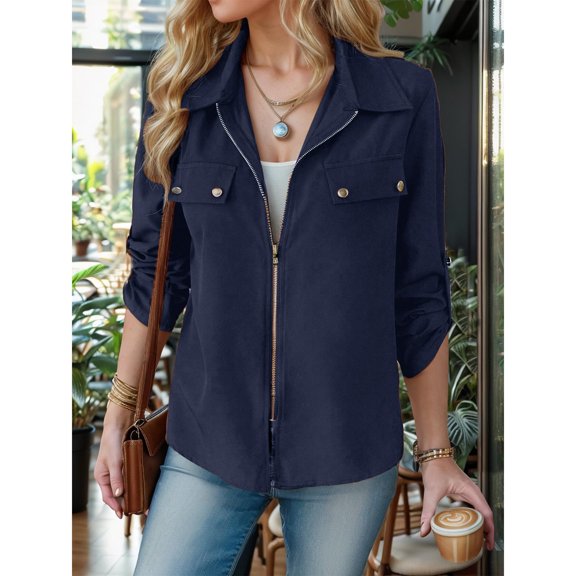 Betivan Womens Fall Coats Ladies New Thin Lapel Jacket with Zipper Pockets Casual Long Sleeve Hoodless Coat -Clothes