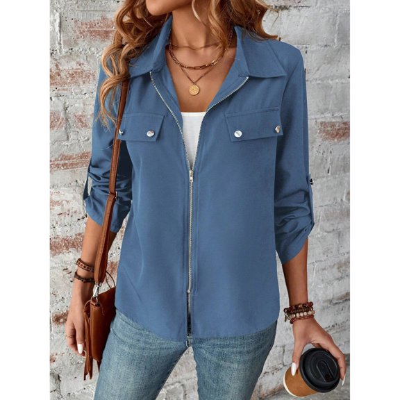 Betivan Womens Fall Coats Ladies New Thin Lapel Jacket with Zipper Pockets Casual Long Sleeve Hoodless Coat -Clothes