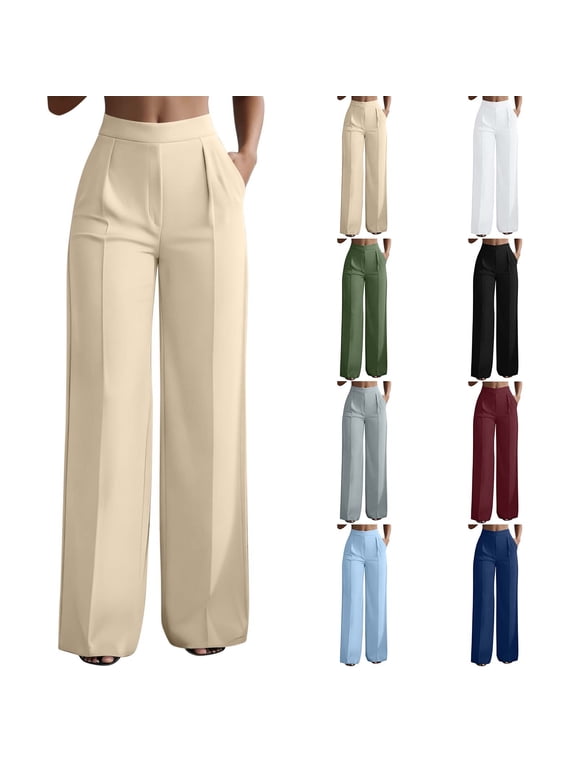 Womens High Waisted Wide Leg Work Pants Solid Color Casual Straight Leg Trousers Elastic Waist Dressy Pants with Pockets for Office Daily