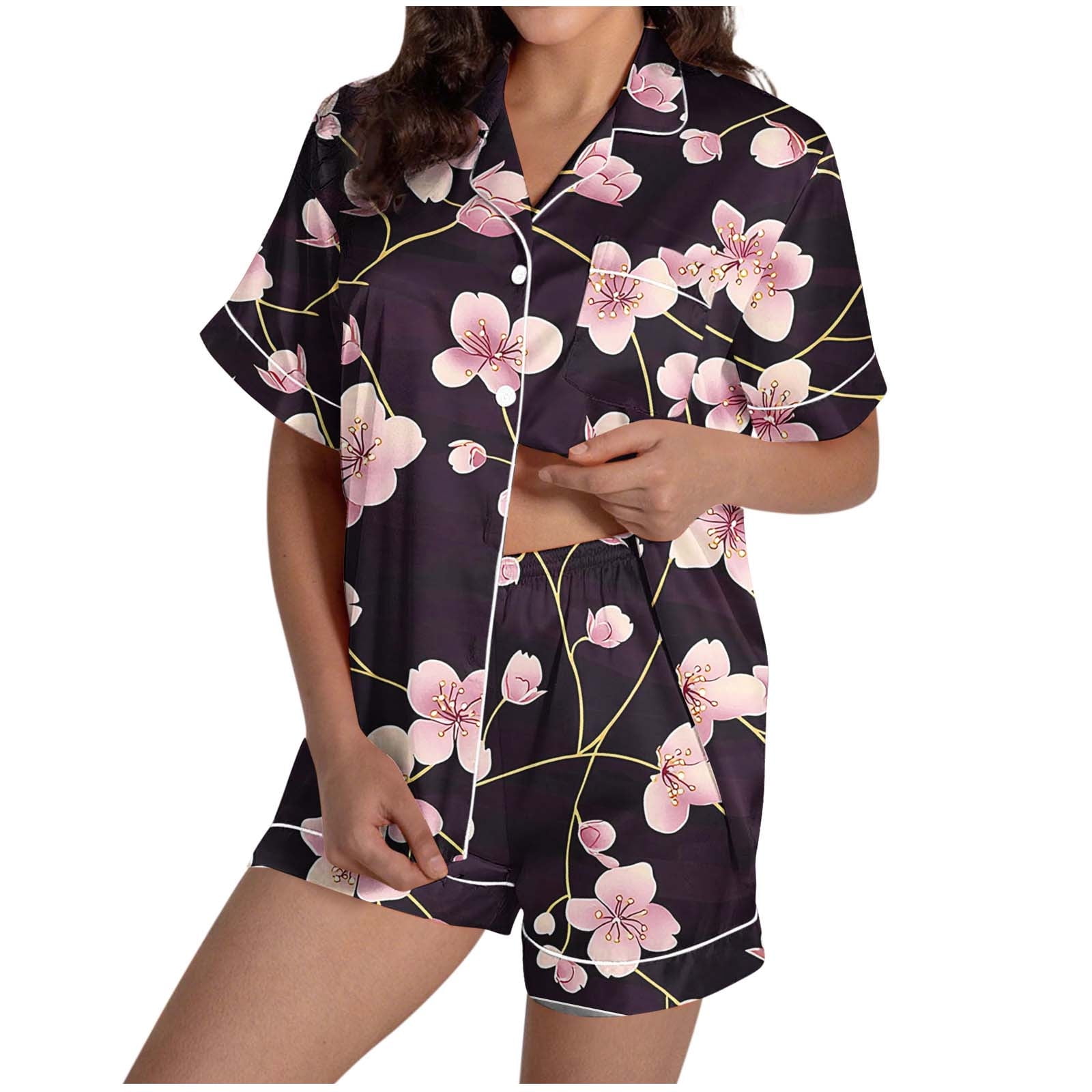 Betivan Womens Pajamas Set Floral Plaid Print, Notch Collar Soft ...