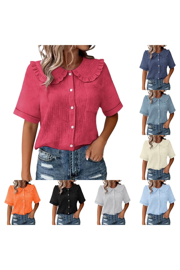 Womens Peter Pan Collar Short Sleeve Shirt Button Down Curved Hem Blouse Tops Summer Loose Fit Casual Textured Tops