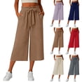thumbnail image 1 of Betivan Womens Summer Lace Strap Solid Color Loose Straight Leg With Pocket Lace Elastic Waist Cropped Pants, 1 of 6