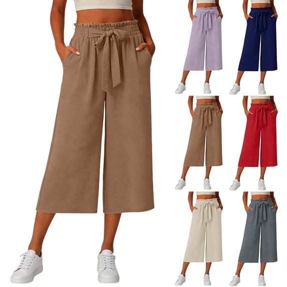 Betivan Womens Summer Lace Strap Solid Color Loose Straight Leg With Pocket Lace Elastic Waist Cropped Pants