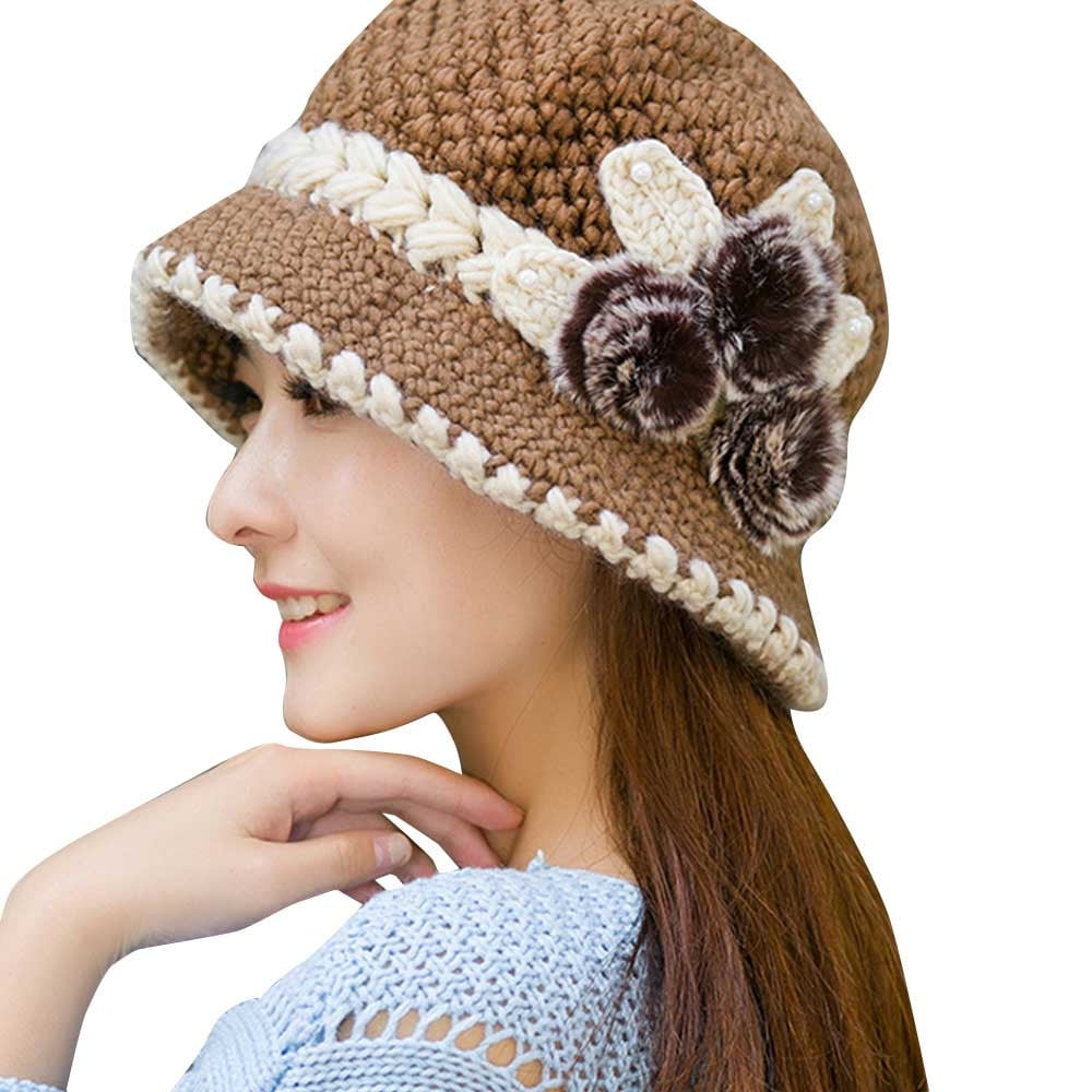 Petalum Bonnet Femme Hiver Chapeau Tricoté Velours Décoration Florale  Beanie Hats Beige : : Mode