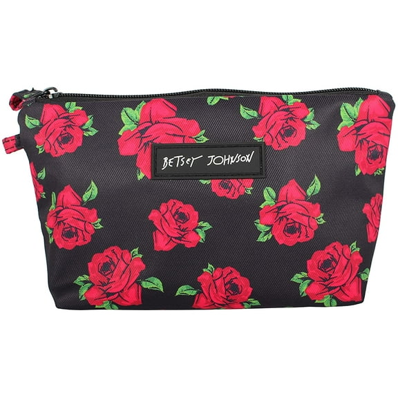 Betsey Johnson 8.5 Inch Zipper Cosmetic Pouch Small Toiletry BagLightweight Durable Polyester Organizer with Inner Zipped Pocket Good For Makeup Accessories and Travel Needs (Covered Rose)
