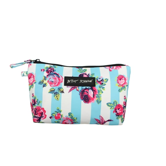 Betsey Johnson 8.5 Inch Zipper Cosmetic Pouch Small Toiletry Bag–Lightweight Durable Polyester Organizer with Inner Zipped Pocket Good For Makeup Accessories and Travel Needs (Hummingbird Floral)