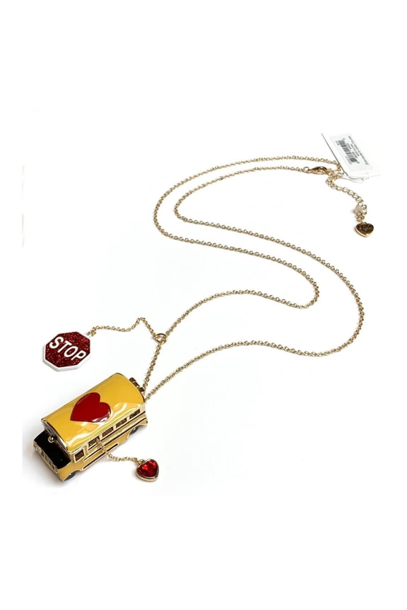 NEW BETSEY JOHNSON GOLD TONE SCHOOL BUS WITH DANGLE STOP SIGN AND HEART NECKLACE