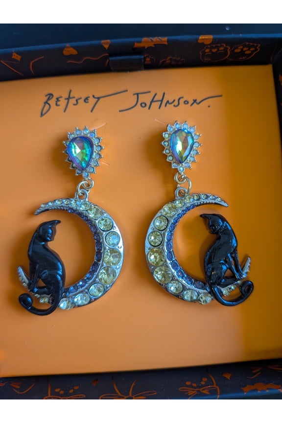 Silver Tone Black Cat Crescent Moon Drop Earrings