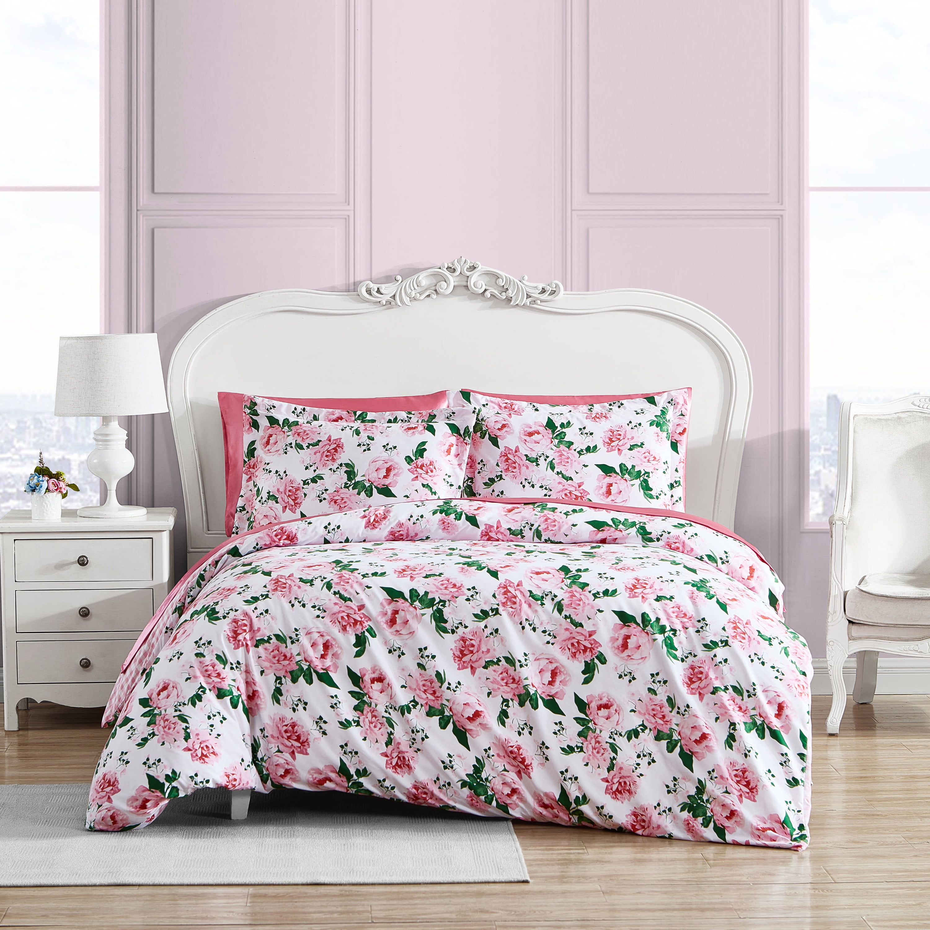 Twin Pink Cotton Floral Duvet Cover Set with Sham