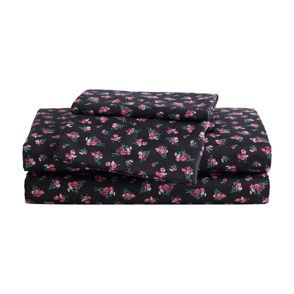 Betsey Johnson Bouquet Ditsy Black & Mauve Pink Twin Sheet Set, Soft Easy-Care Bedding, Machine Washable