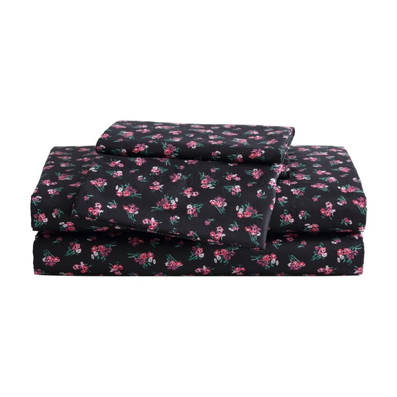 Betsey Johnson Bouquet Ditsy Black & Mauve Pink Twin Sheet Set, Soft Easy-Care Bedding, Machine Washable