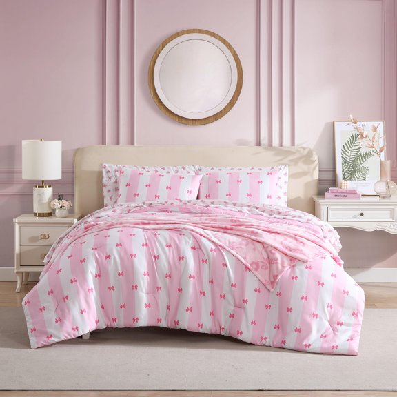 Betsey Johnson Bow Stripe White & Light Pink & Hot Pink Full Comforter Set, Cozy Bedding with Shams, Machine Washable