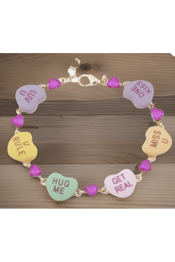 Bracelet Valentines Sweethearts Conversation Hearts Charms Pink
