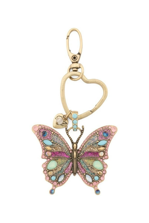 Butterfly Keychain, Crystal Embellished Bag Charm, Gold-Tone Heart Ring, Pink and Blue