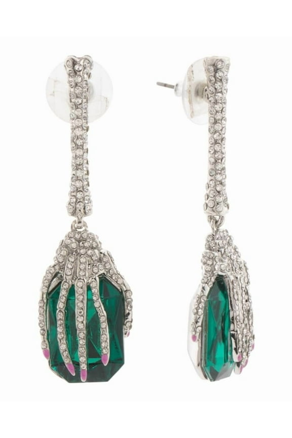 Crystal Embellished Skeleton Hand Drop Earrings, Green Stone, Silver Tone