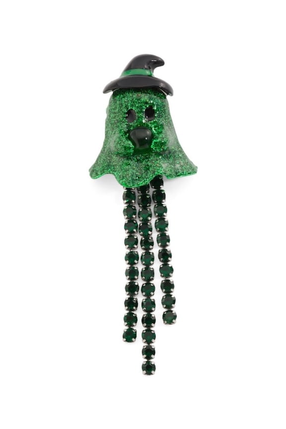 Crystal Ghost Witch Brooch, Green Glitter with Black Hat, Turn Lock Closure