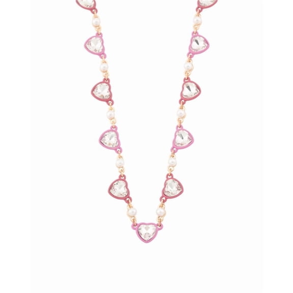 Betsey Johnson Crystal Heart Station Necklace, Pink and Clear Rhinestone Hearts with Pearls, 19.5 Inch Length, Lobster Claw Closure