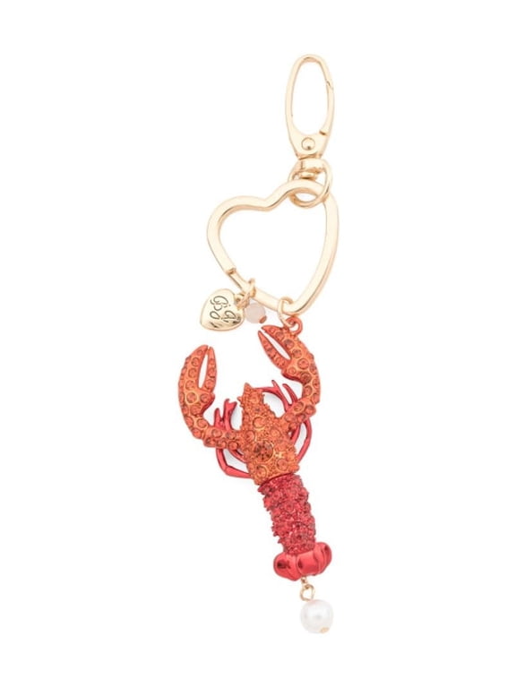 Crystal Lobster Key Fob, Gold-Tone Heart Charm, Red Orange Rhinestone, 5 inches