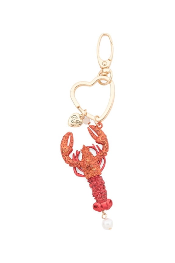 Crystal Lobster Key Fob, Gold-Tone Heart Charm, Red Orange Rhinestone, 5 inches