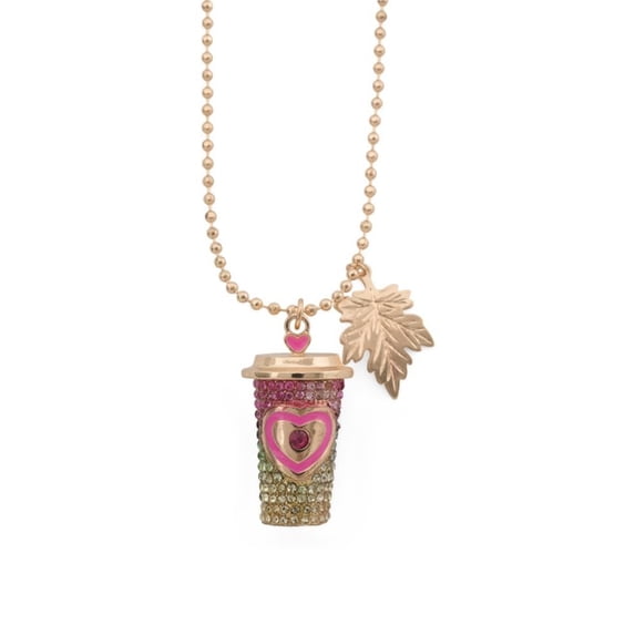 Betsey Johnson Fall Latte Pendant Necklace, Pink Heart Crystal Cup Design, Rose Gold, 20 Inch Chain with 4 Inch Extender