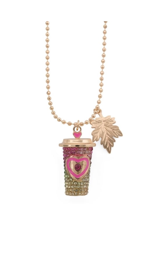 Fall Latte Pendant Necklace, Pink Heart Crystal Cup Design, Rose Gold, 20 Inch Chain with 4 Inch Extender