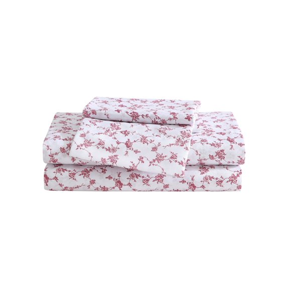 Betsey Johnson Floral Toile White & Mauve Pink King Sheet Set, Soft Easy-Care Bedding, Machine Washable