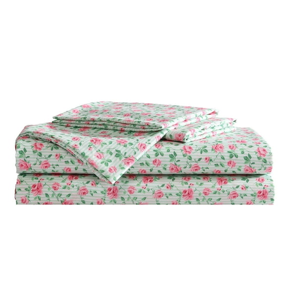 Betsey Johnson Flower Fun Matcha Green & Pink Twin Sheet Set, Soft Easy-Care Bedding, Machine Washable