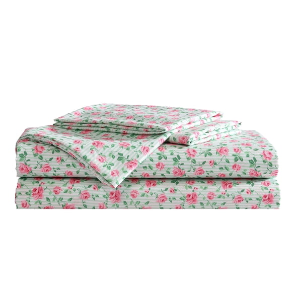Betsey Johnson Flower Fun Matcha Green & Pink Twin Sheet Set, Soft Easy-Care Bedding, Machine Washable