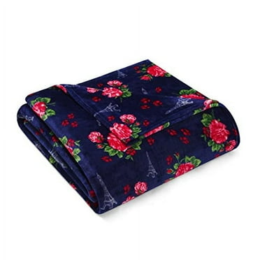 Betsey Johnson French,Floral Fleece Bed Blanket, Full,Queen, Blue
