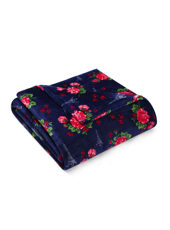 Betsey Johnson French,Floral Fleece Bed Blanket, Full,Queen, Blue