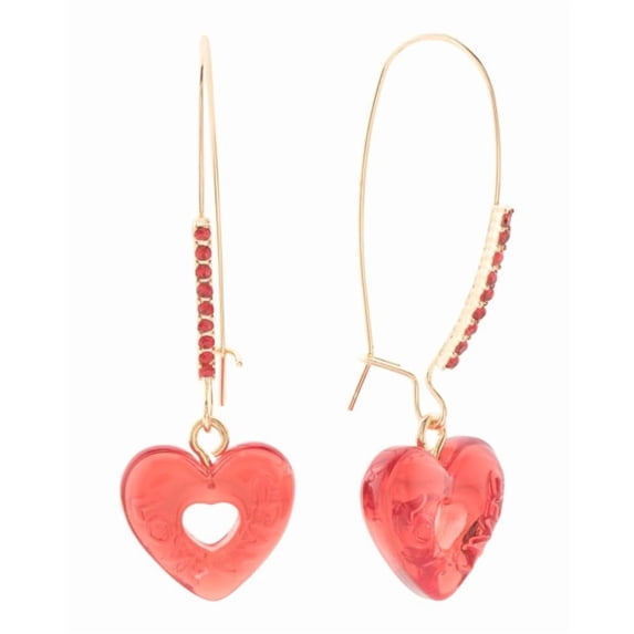 Betsey Johnson Heart Dangle Earrings, Gold Tone with Red Heart Charm, French Wire Closure