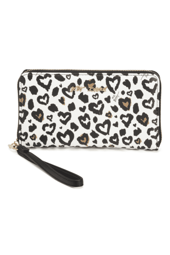 Heart Leopard Zip-Around Wristlet Wallet, Black & White