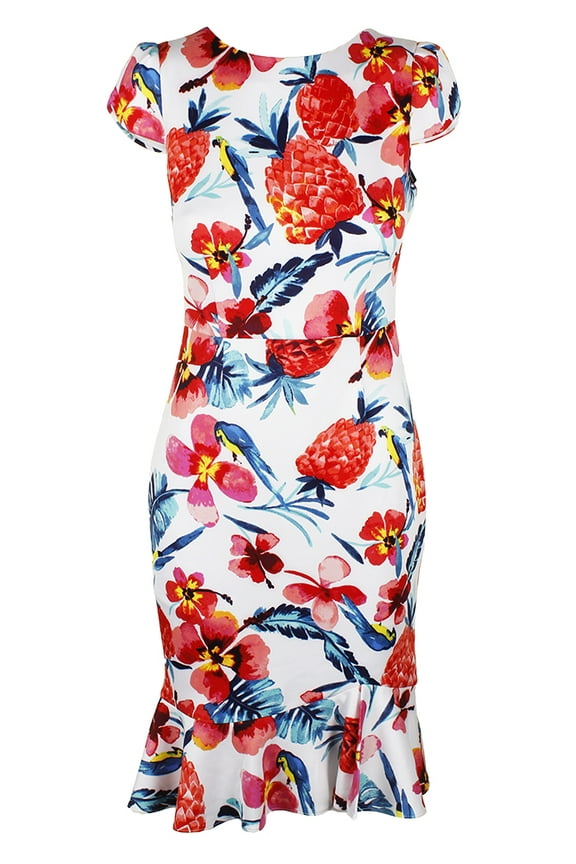 Ivory Muti Cap Sleeve Ruffled-Hem Bodycon Dress 0