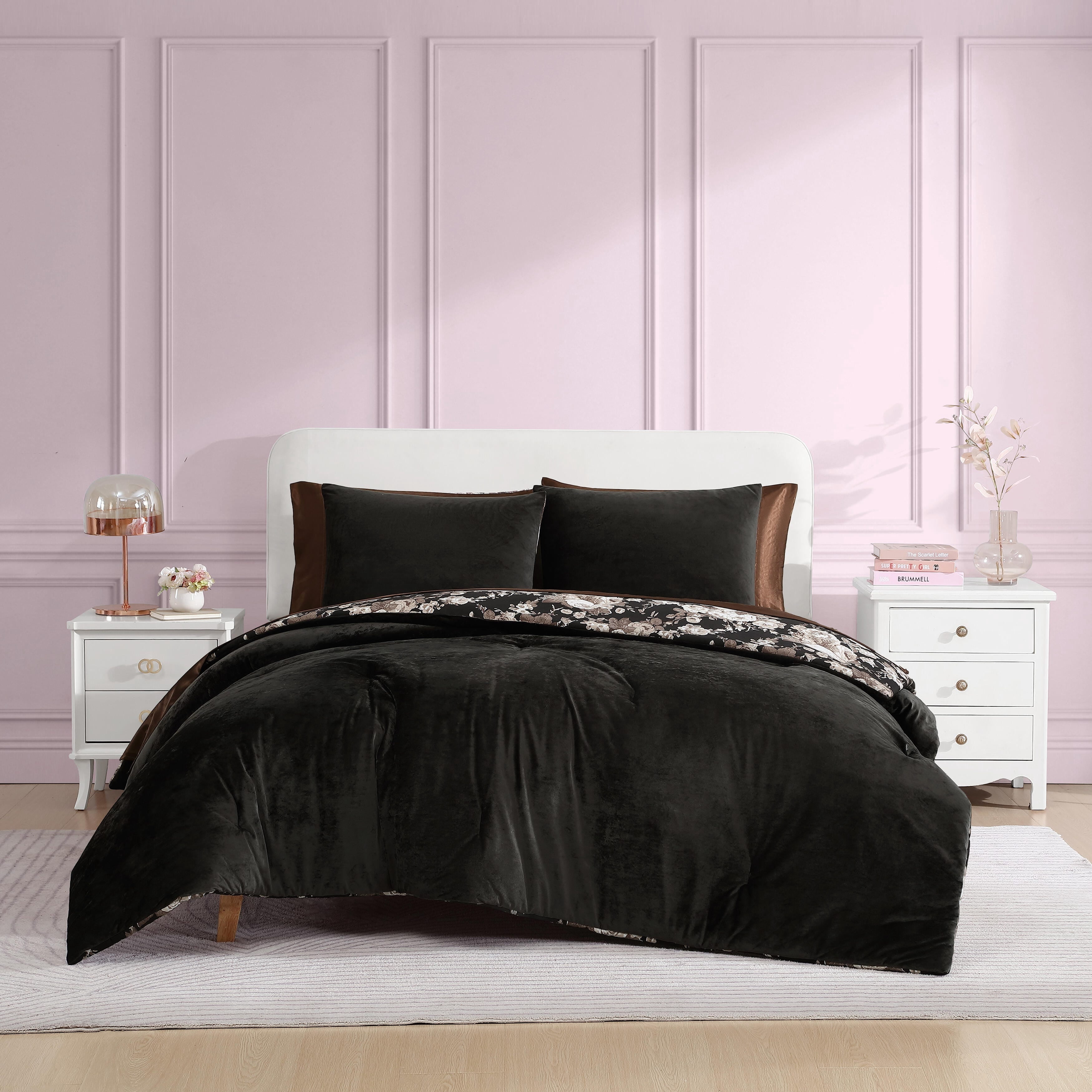 Betsey Johnson Velvet Solid Black King Duvet Cover Set, Soft Bedding with Shams, Machine Washable