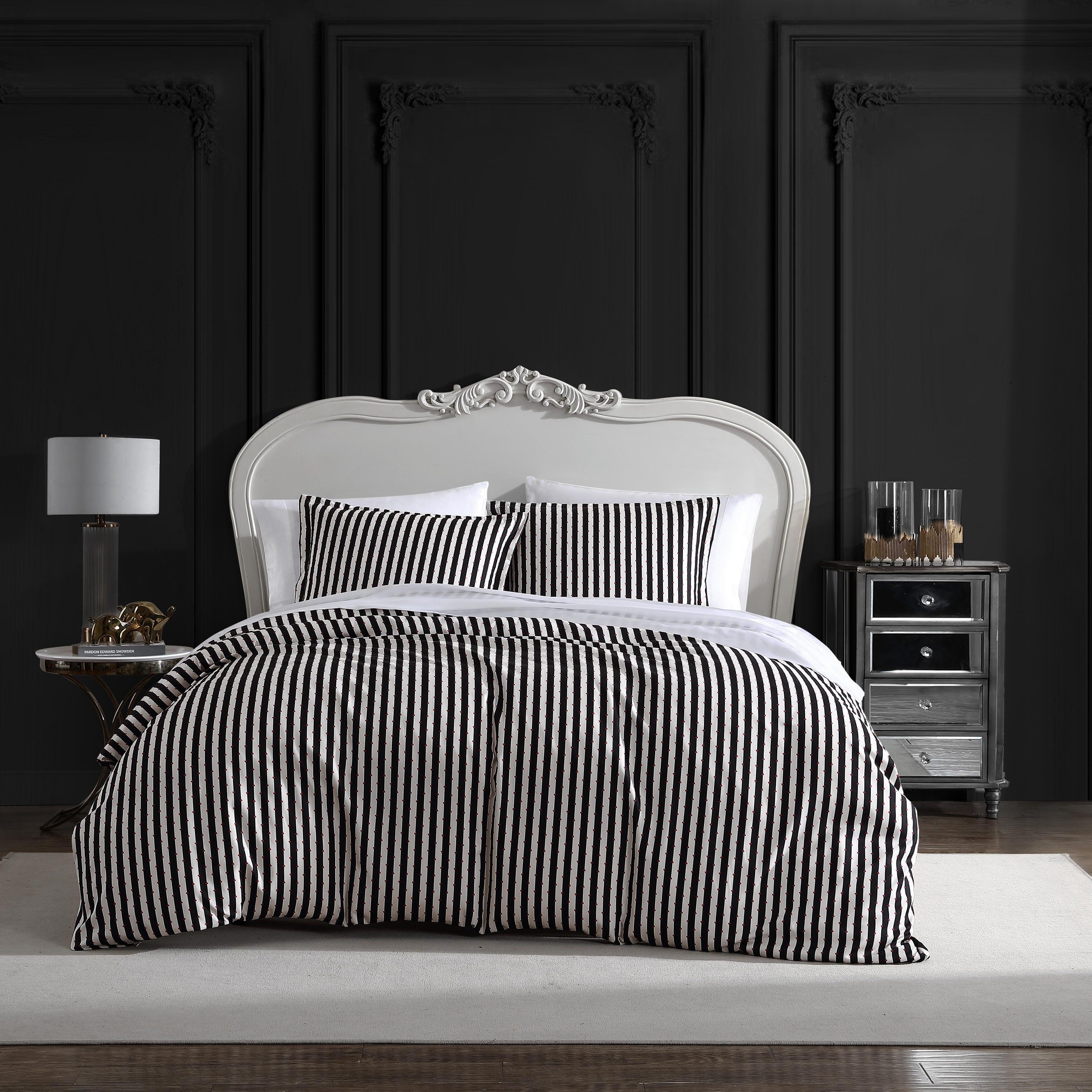 Betsey Johnson - King Duvet Cover, Soft Bedding Set with Matching Shams, Chic Home Decor (Wonderland Stripe Black, King)