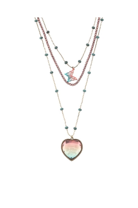 Layered Necklace, Butterfly and Heart Pendant, Turquoise Beads, 15 Inches with 3 Inch Extender