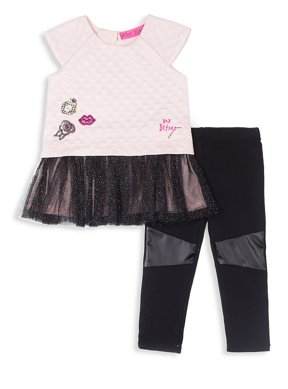 Betsey Johnson Little Girl's Two-Piece Top and Pleather Leggings Set, 2T